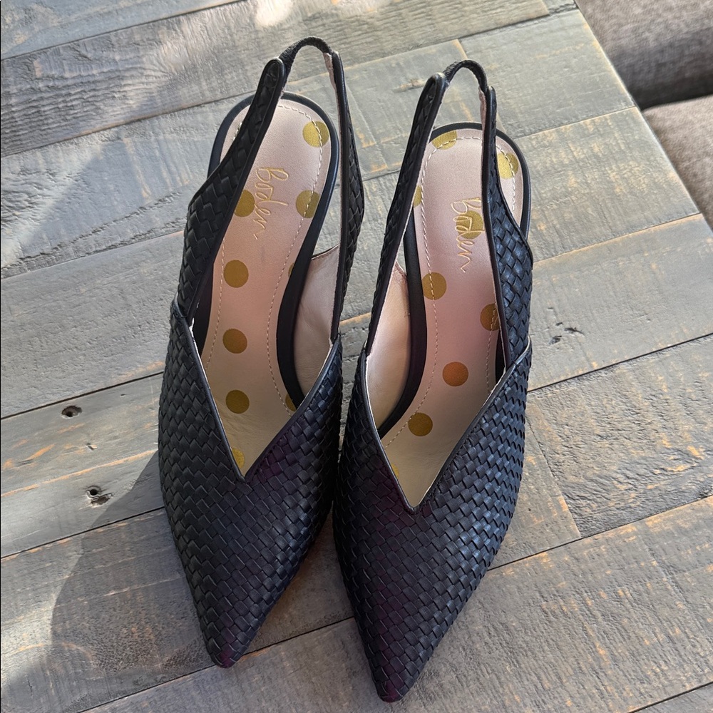 NWOT Boden Navy Summer Wedding Leather Basketweave Slingback Spike Heel EU 39
